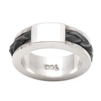 Leather and silver band ring, 'Buckskin' - Sterling Silver and Leather Band Ring from Indonesia