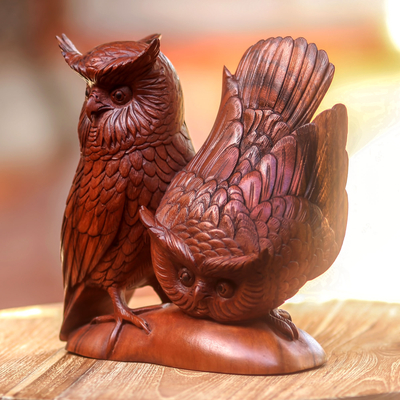 Wood statuette, 'Owl Couple' - Hand Made Wood Bird Sculpture