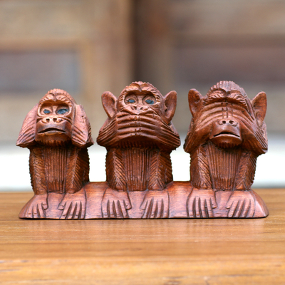Wood statuette, 'Three Wise Monkeys' - Wood Sculpture from Indonesia