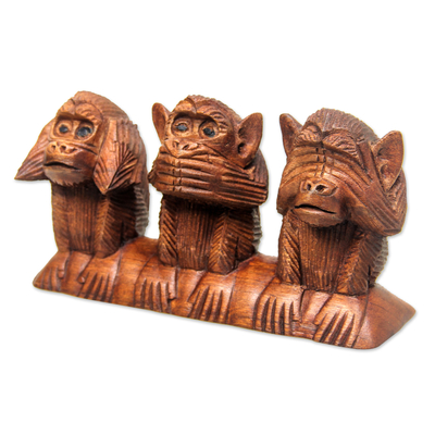 Wood statuette, 'Three Wise Monkeys' - Wood Sculpture from Indonesia