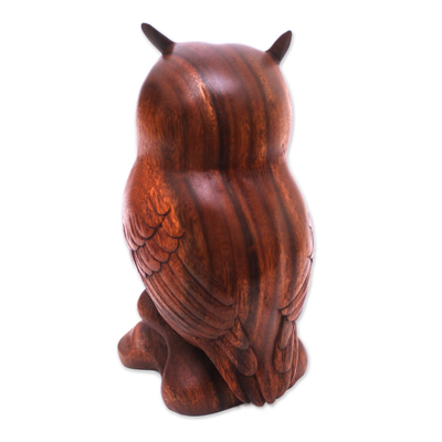 Wood statuette, 'Crested Owl' - Fair Trade Wood Bird Sculpture