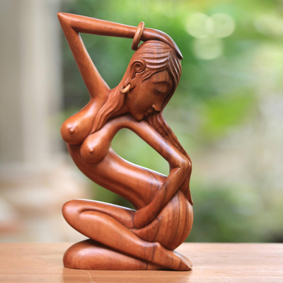 Wood statuette, 'Sensuality' - Female Nude Sculpture