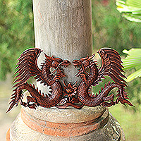 Panel en relieve de madera, 'Dragones alados' - Panel en relieve de madera hecho a mano en Indonesia