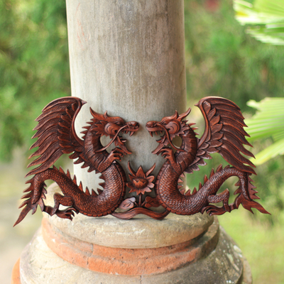 Wood relief panel, 'Winged Dragons' - Handmade Wood Relief Panel from Indonesia