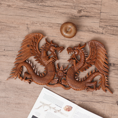 Wood relief panel, 'Winged Dragons' - Handmade Wood Relief Panel from Indonesia