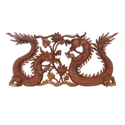 Wood relief panel, 'Dragons Amid Flowers' - Wood Relief Panel