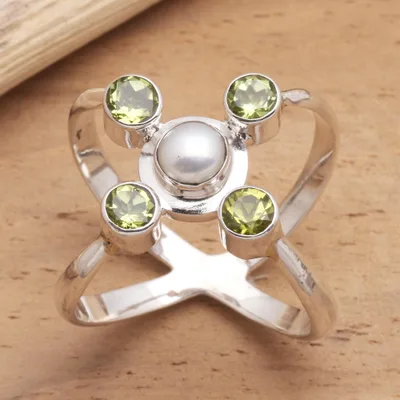 Cultured pearl and peridot cocktail ring, 'Orbits' - Artisan Crafted Peridot and Pearl Ring