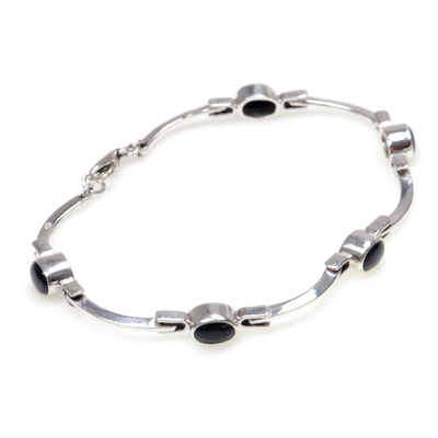 Onyx link bracelet, 'Black Rice Seeds' - Sterling Silver Onyx Bracelet from Indonesia