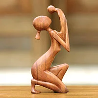 Wood sculpture, 'Moment of Tenderness' - Hand Crafted Mother and Child Sculpture