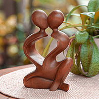 Wood sculpture, 'Heartfelt Kiss' - Handcrafted Wood Sculpture of Abstract Intertwined Lovers