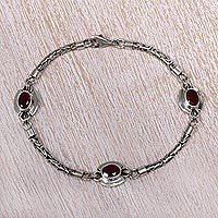 Garnet charm bracelet, 'Triple Passion' - Unique Garnet Sterling Silver Chain from Indonesia