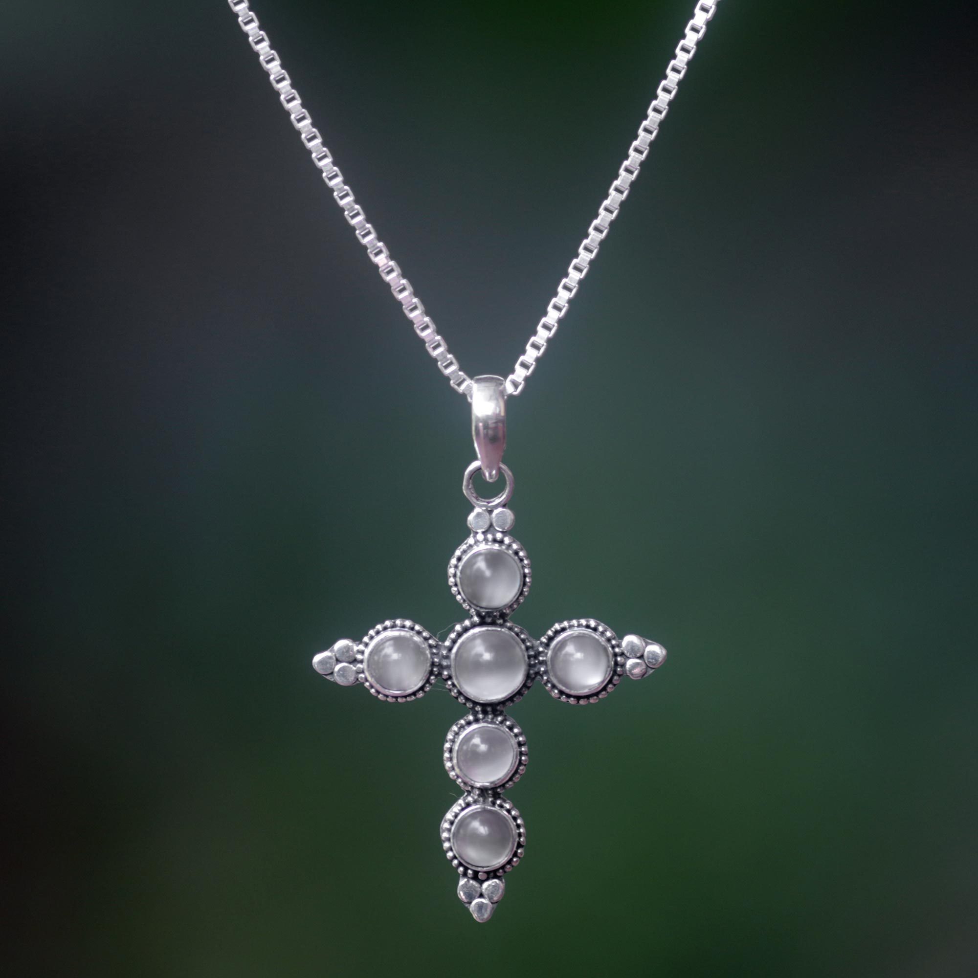 Moonstone Sterling Silver Cross Necklace Traveler NOVICA
