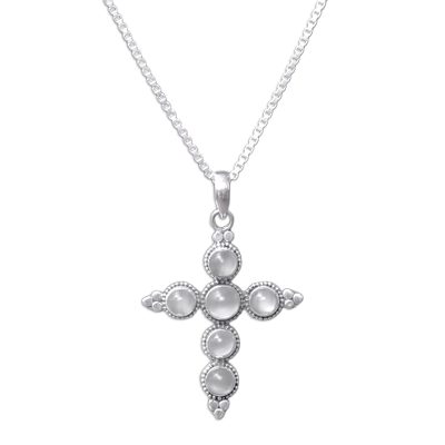 Moonstone cross necklace, 'Traveler' - Moonstone Sterling Silver Cross Necklace