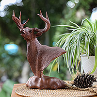 Wood statuette, 'Proud Stag' - Wood Statuette from Indonesia