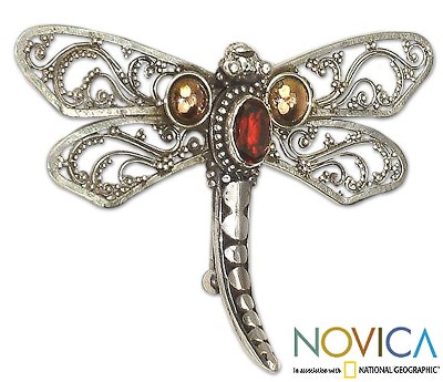 Gold accent garnet brooch pin, 'Dragonfly Salvation' - Gold accent garnet brooch pin