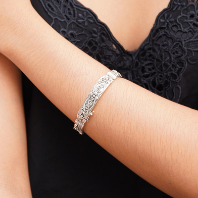 Gold accent wristband bracelet, 'Graceful Spell Deluxe' - Gold Accent and Sterling Silver Bracelet
