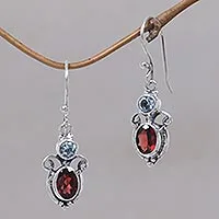 Garnet and blue topaz dangle earrings, 'Fire and Ice'