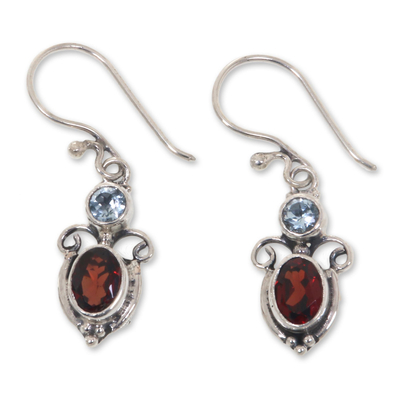 Garnet and blue topaz dangle earrings, 'Fire and Ice' - Garnet Sterling Silver Dangle Earrings