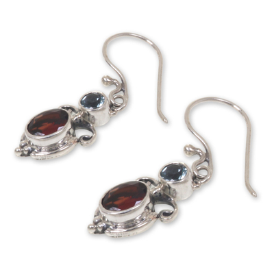 Garnet and blue topaz dangle earrings, 'Fire and Ice' - Garnet Sterling Silver Dangle Earrings