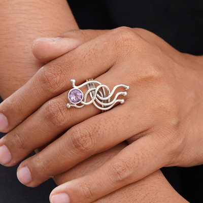 Amethyst ring, 'Sea Dragon' - Amethyst Cocktail Ring with Sterling Silver
