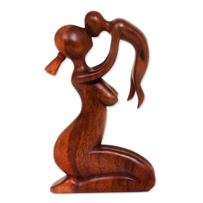 Wood sculpture, 'Mother's Love' - Suar Wood Family Sculpture