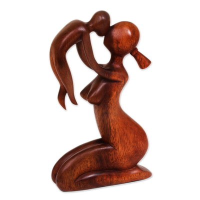 Wood sculpture, 'Mother's Love' - Suar Wood Family Sculpture