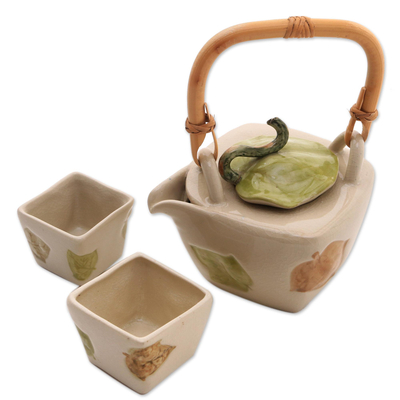 Stoneware tea set, 'Hibiscus Leaves' (set for 2) - Hand Crafted Stoneware Tea Service (Set for 2)
