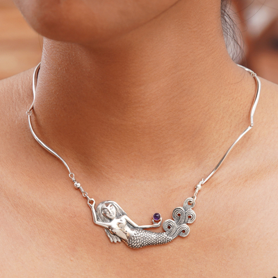 Amethyst Sterling Silver Pendant Necklace - Mermaid Spell | NOVICA