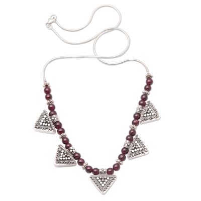 Garnet pendant necklace, 'Shields of Sun' - Garnet Sterling Silver Pendant Necklace