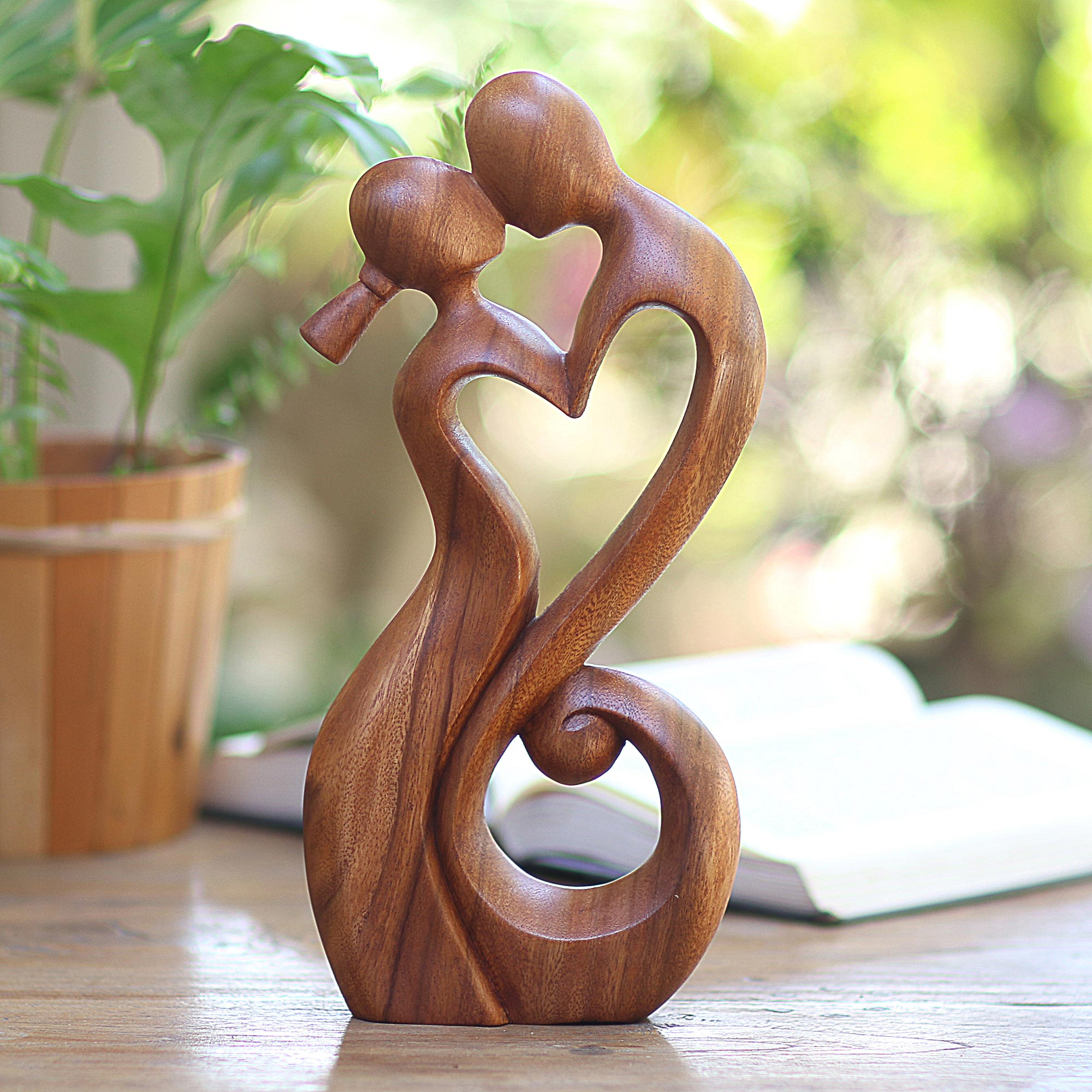 NOVICA Hand Carved Brown Romantic Love Natural Wood Grain Sculpture 11.5 Tall 'So in Love'