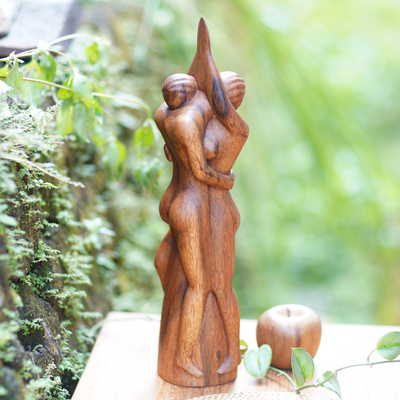 Wood statuette, ‘Enamored Couple’ - Romantic Suar Wood Sculpture