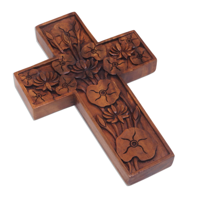Wood cross, 'Lotus Blossoms' - Hand Carved Wood Wall Cross with Lotus Blossoms