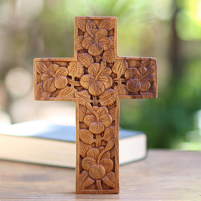 Wood cross, 'Hibiscus' - Wood Cross Sculpture with Hand Carved Hibiscus Flowers