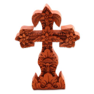 Mahogany cross sculpture, 'Fleur-de-Lis' - Mahogany cross sculpture