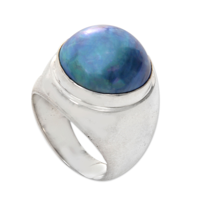 Cultured pearl solitaire ring, 'Blue Moon' - Sterling Silver and Cultured Pearl Domed Ring