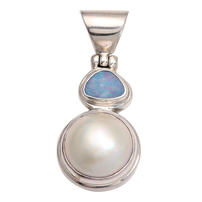 Cultured pearl and opal pendant, 'Eclipse of White' - Cultured pearl and opal pendant
