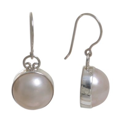 Cultured pearl dangle earrings, 'White Moon' - Sterling Silver Cultured Pearl Bridal Dangle Earrings