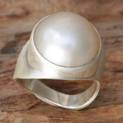 Cultured pearl ring, 'New Moon' - Cultured Pearl Ring
