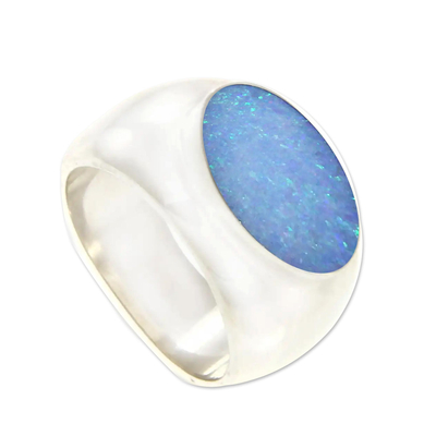 Opal solitaire ring, 'Lagoon Wonder' - Modern Opal and Silver Ring