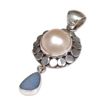 Cultured pearl and opal pendant, 'Heavenly White Tear'  - Cultured Pearl and opal pendant