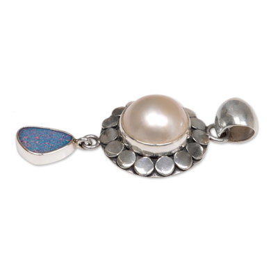 Cultured pearl and opal pendant, 'Heavenly White Tear'  - Cultured Pearl and opal pendant