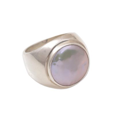 Cultured pearl ring, 'Deep Sea' - Hand Made Sterling Silver and Pearl Dome Ring