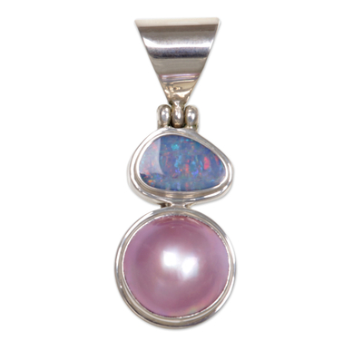 Cultured pearl and opal pendant, 'Rose Eclipse' - Cultured Pearl and Opal Pendant from Indonesia