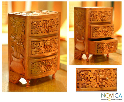 Wood chest of drawers, 'Paradise' - Small Carved Wood Chest of Drawers 