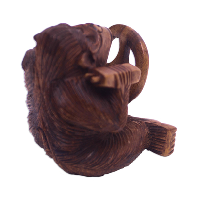 Wood statuette, 'Chimp at the Wheel' - Suar Wood Monkey Sculpture