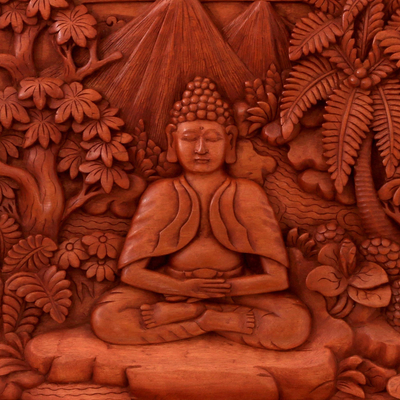 Wood relief panel, 'Buddha in the Forest' - Wood relief panel