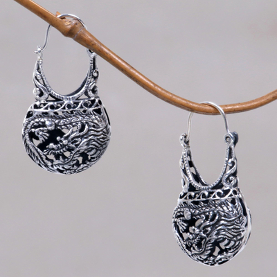 Sterling silver filigree hoop earrings, 'Eagle Legend' - Sterling Silver Hoop Bird Earrings