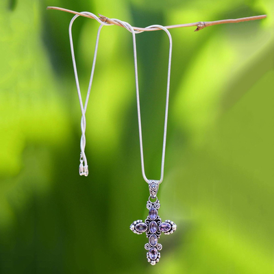 Amethyst cross necklace, 'New Directions' - Amethyst Sterling Silver Cross Necklace
