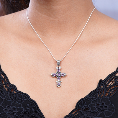 Amethyst cross necklace, 'New Directions' - Amethyst Sterling Silver Cross Necklace