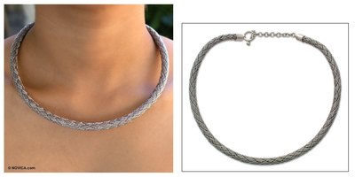 Sterling silver braided necklace, 'Petrified Rope' - Sterling silver braided necklace